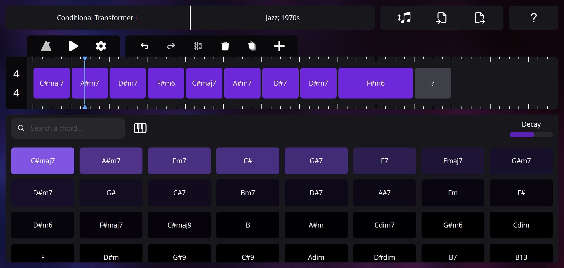 ChordSeqAI editor showing a chord timeline and ranked chord suggestions
