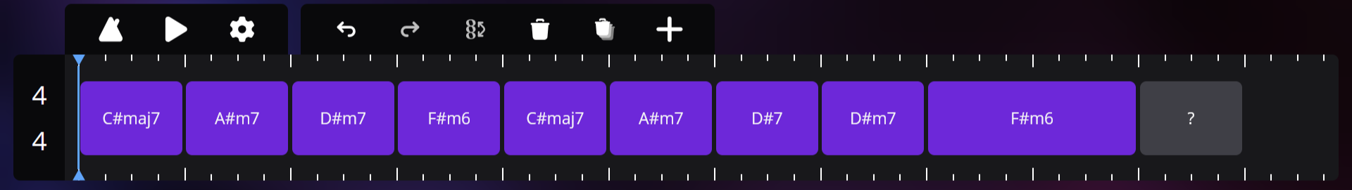ChordSeqAI timeline with chord blocks, durations and playback controls